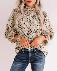 Leopard Printed Long Sleeve Ruffle Hem Babydoll Blouse Shirt Tunic Top