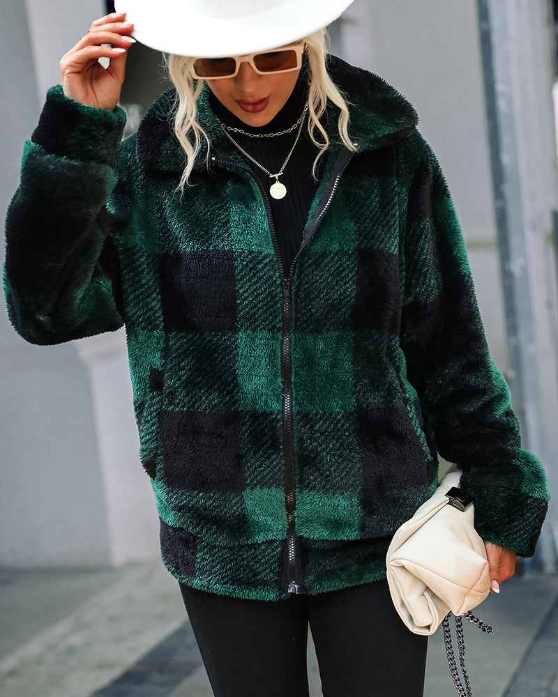 Plaid Zip Up Collared Plush Jacket