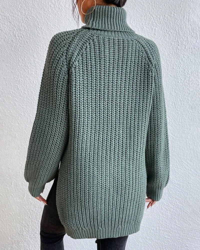 Mid-Length Raglan Sleeve Turtleneck Slit Sweater