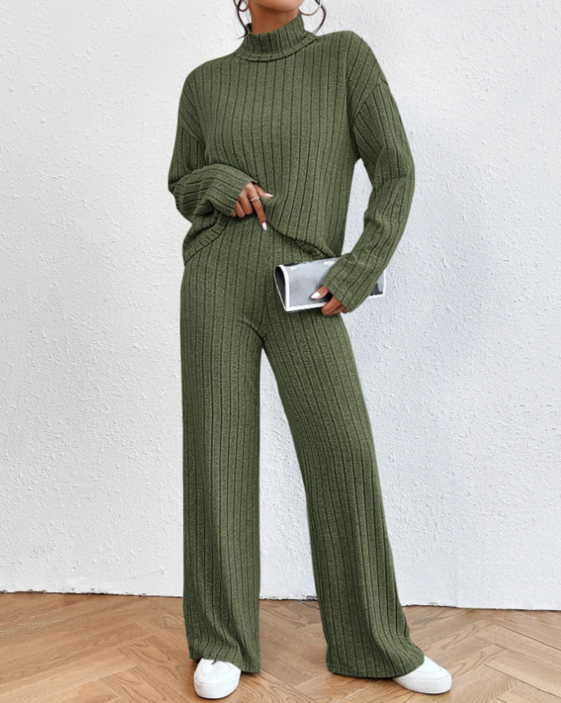 Women's Two Pieces Sets Ribbed Knit Turtleneck Long-Sleeve Top & Pants Set