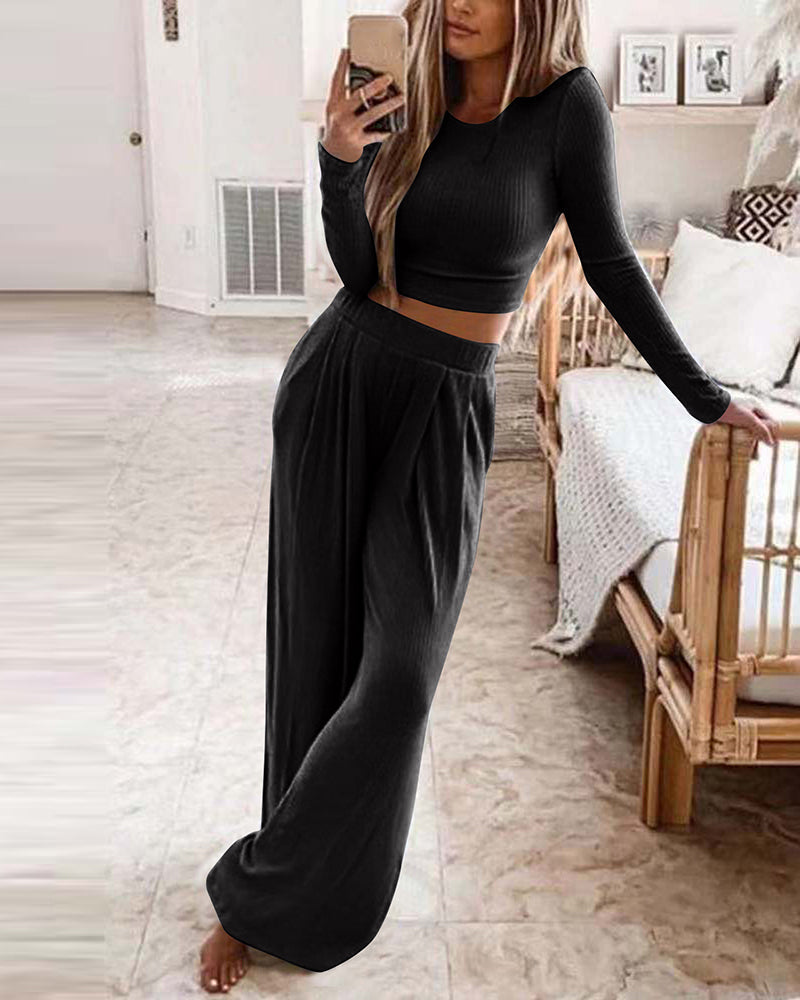 Two Pieces Sets Long Sleeve Crop Thread Top Casual High Waist Wide Leg Pants