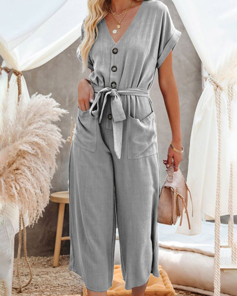 Casual Playsuits Wide Leg Short Sleeves V Neck Buttoned Baggy Belt Jumpsuits Elegant Long Romper with Pockets