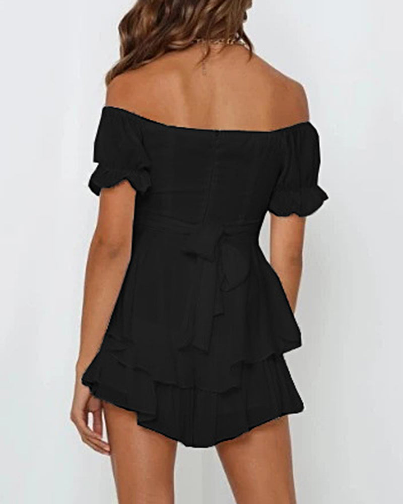 Off Shoulder Mini Rompers Solid Ruffle Hem Shorts Jumpsuit Dress