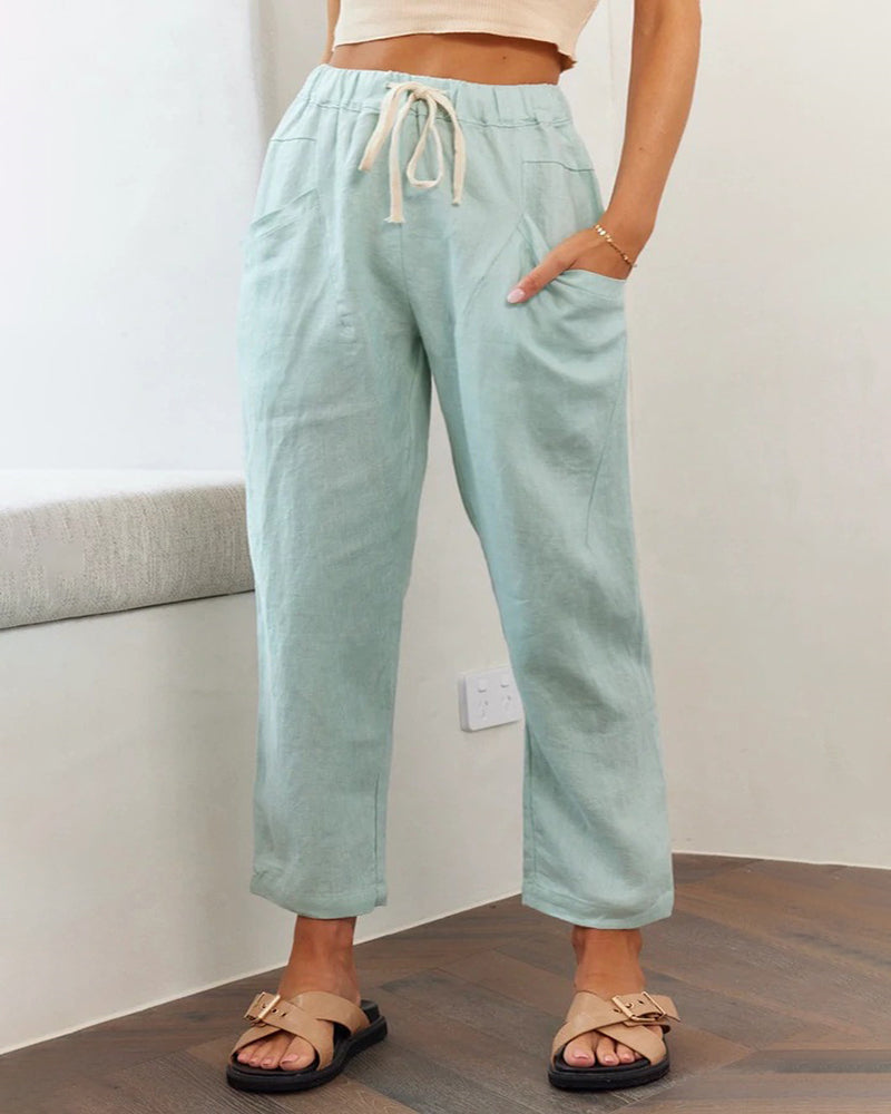 Solid Color Lace Up Pants Small Feet Cotton Linen Pants