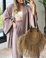 Casual Comfort Set Loose Cardigan Top & High-Waist Wide-Leg Pants with Pockets