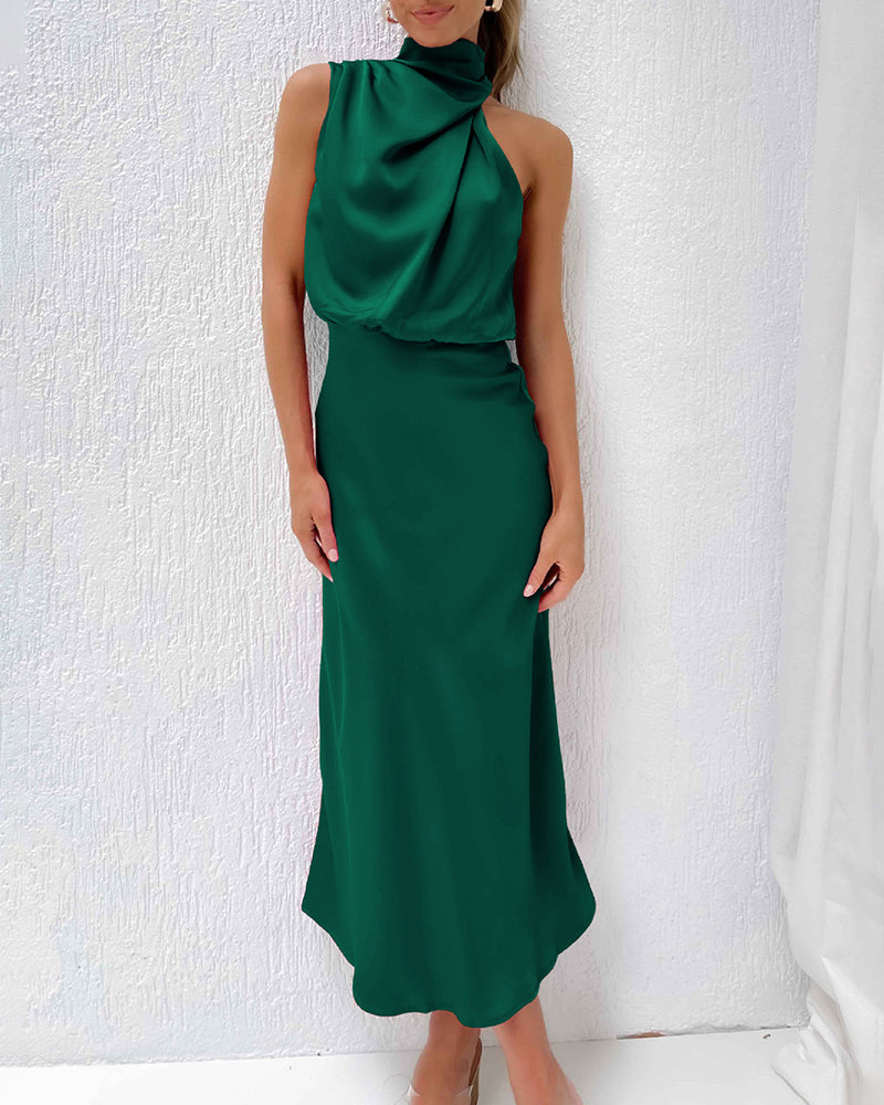 Long Formal Satin Dress Mock Neck High Neck Evening Dress