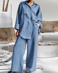 Casual Retro Two-Piece Sets Long Sleeve Loose Shirt and Elastic Waist Wide Leg Pants