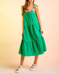 Lace-up Sling Dress Candy Color Stitching Solid Color Midi Dress