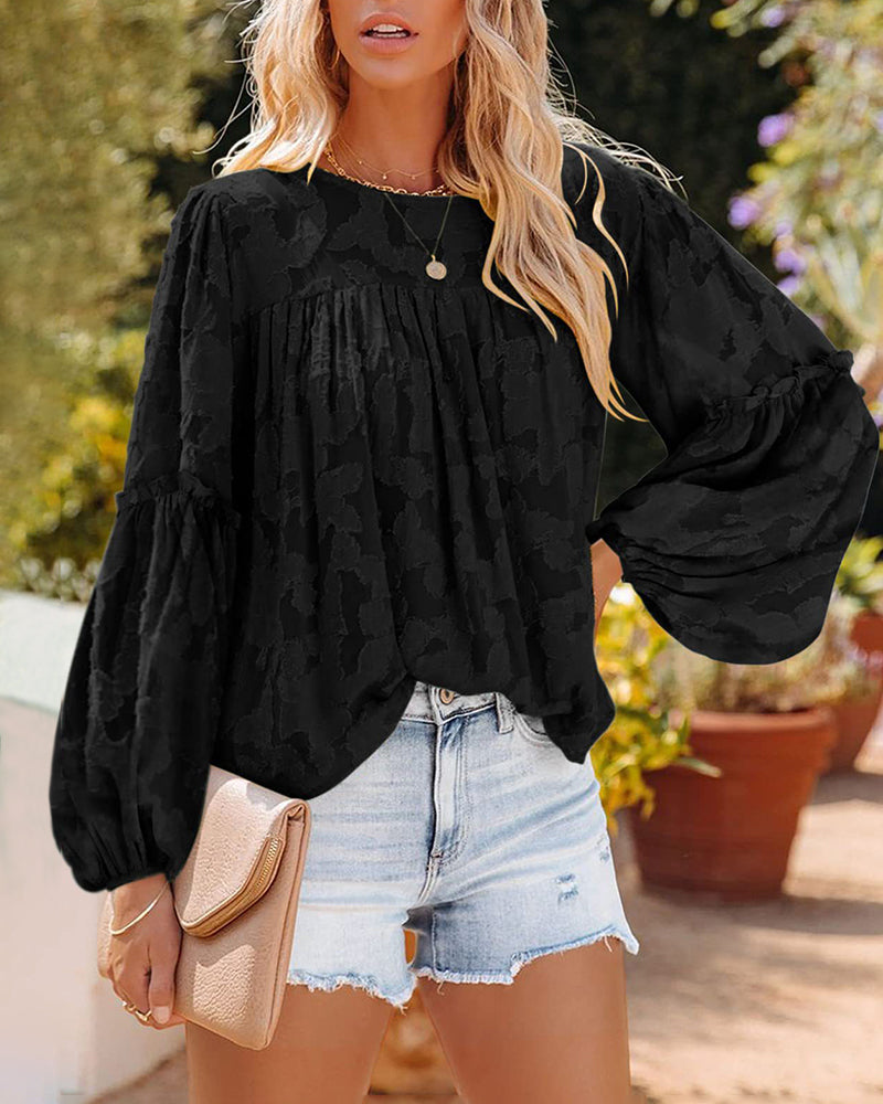 Long Bell Sleeve Blouses Crewneck Floral Lace Textured Babydoll Shirts Tops