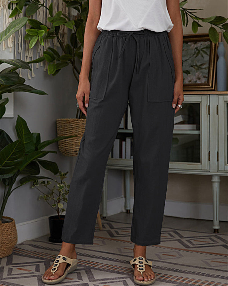 Drawstring Elastic Waist Straight Trousers Pants with Pockets