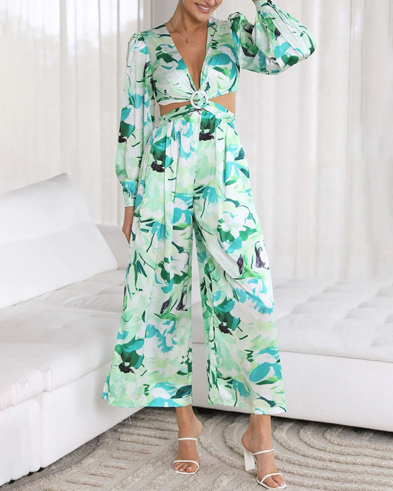 Boho Floral Printed V Neck Lantern Long Sleeve Waist Cut Out Back Casual Jumpsuit Romper