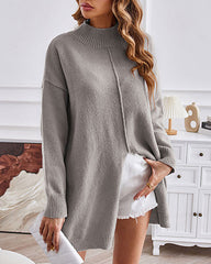 Turtleneck Slit-front Mid-Length Sweater