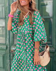 Breathable Lantern Sleeve Floral Print Long Dress Loose V-Neck Fashion Summer Beach Dress