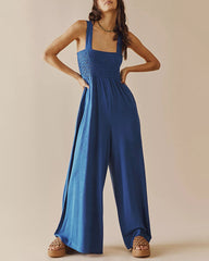 Spaghetti Strap Jumpsuit Casual Sleeveless Ruffled with Pockets High Waist Loose Wide Leg Pants Romper