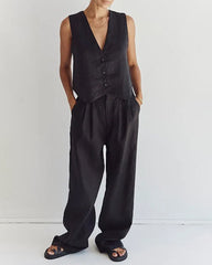 Classic Linen Vest and Wide Leg Pants Set