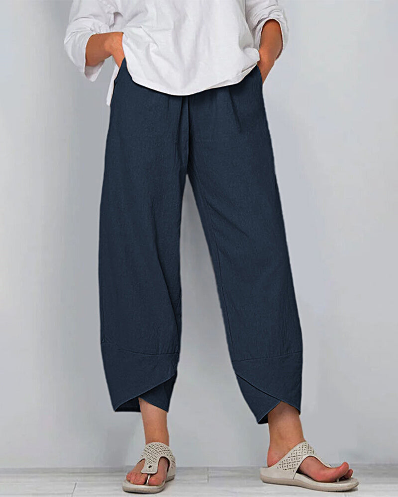 Solid Patchwork Irregular Loose Casual Pants Pocket Elastic Waist Casual Trousers