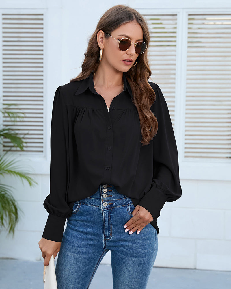 V Neck Button Down Shirts Long Sleeve Collared Blouses Tops