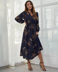 V Neck Long Sleeve Floral Print Maxi Dress