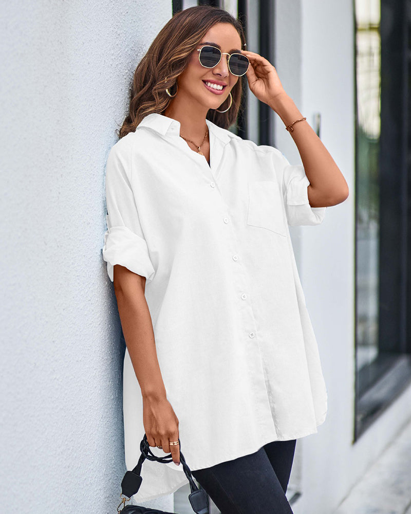 Long Cuffed Sleeve Shirts Button Down V Neck Blouse Loose Fitting Tops