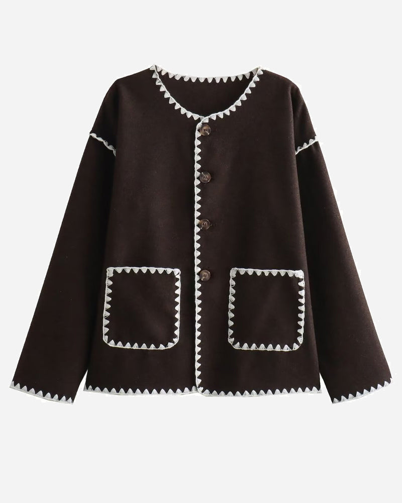 Buttoned Crew Neck Loose Color Block Knitted Jacket