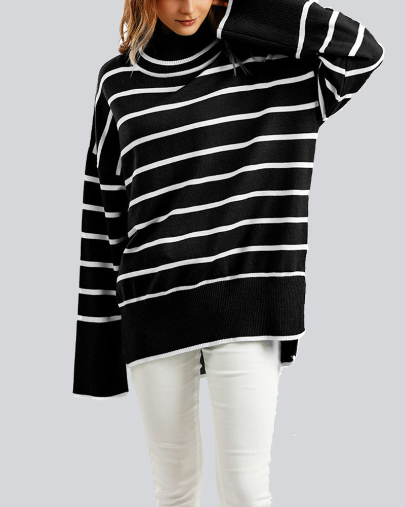 Striped Sweater Casual Turtleneck Knit Pullover Jumper Tops