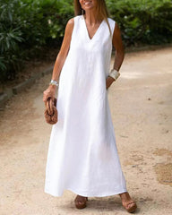 V Neck Pocket Loose Long Boho Dress Summer Sleeveless Tank Beach Dress