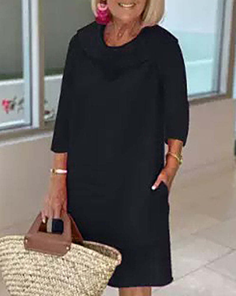 Stitching Round Neck Casual Style Solid Color Long Sleeve Dress