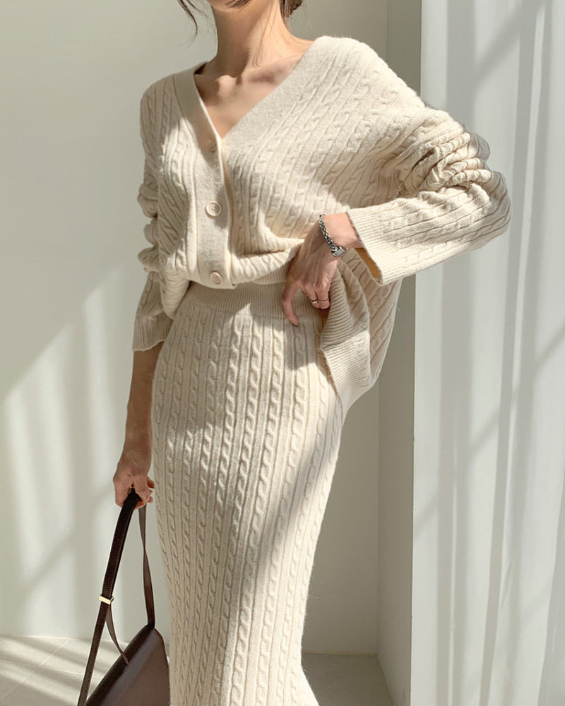 Women's Elegant Two Pieces Sweater Outfits Open Front Cardigan and Bodycon Skirt Sets