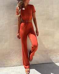 Crew Neck Short Sleeve Waist Cut Out Backless Casual Jumpsuit Romper