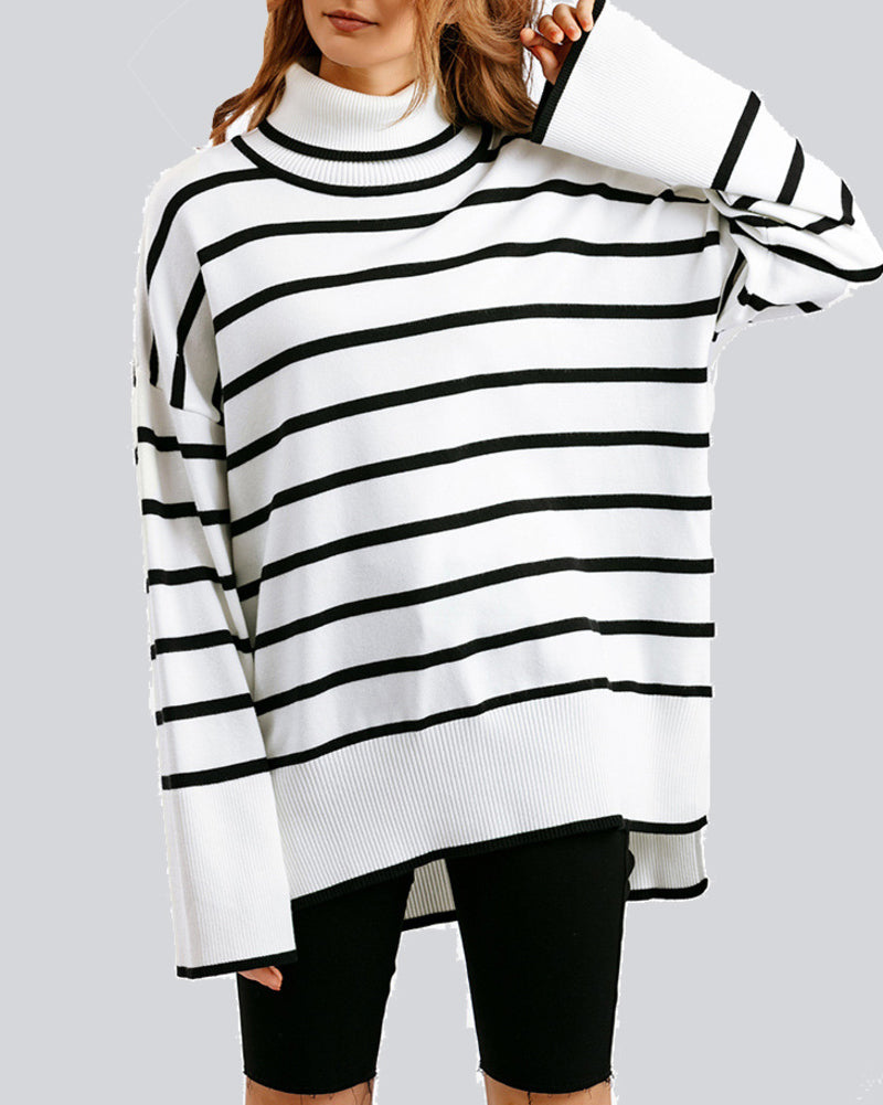 Striped Sweater Casual Turtleneck Knit Pullover Jumper Tops