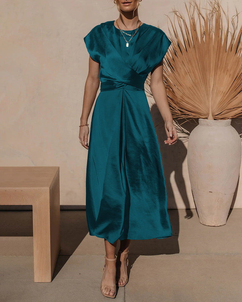 Satin Midi Dress Cap Sleeve Tie Waist Elegant A-Line Flowy Dresses