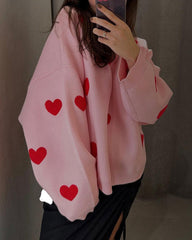 Heart Pattern Embroidered Crew Neck Sweater