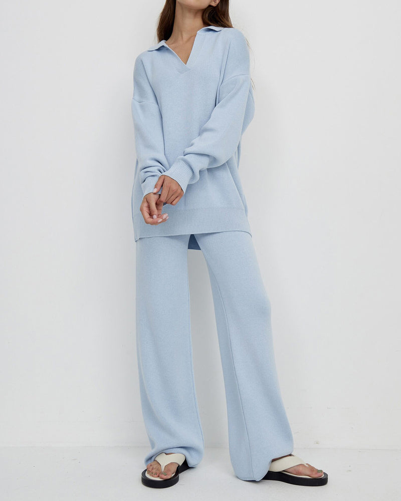 Casual Two-Pieces Outfits Lapel V Neck Sweater and Trousers Sets