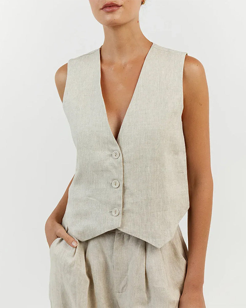 Classic Linen Vest and Wide Leg Pants Set