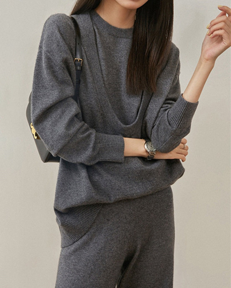 Casual Knit Long Sleeve Shirt Knit Vest Pants Three Piece Set