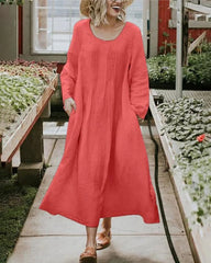 Round Neck Ruched Pocket Solid Long Sleeve Dress