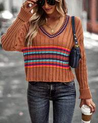 Striped Contrast V-Neck Dropped Shoulder Sweater