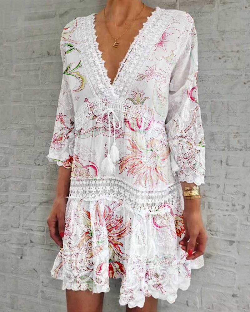 Floral Print A-line Party Dress Spring Summer V neck Lace Tassel Mini Solid Color Boho Dresses