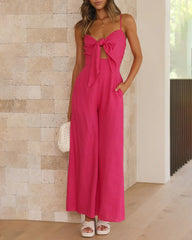 Ruffle Straps Crisscross Back Knot Front Slip Jumpsuit