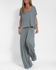 Casual Two Pieces Set Short Sleeve V neck Tops and Wide Leg Long Pants