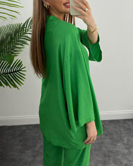 Two-Piece Set Long Sleeve Shirt Solid Color Pleated Elastic Waist Long Pants