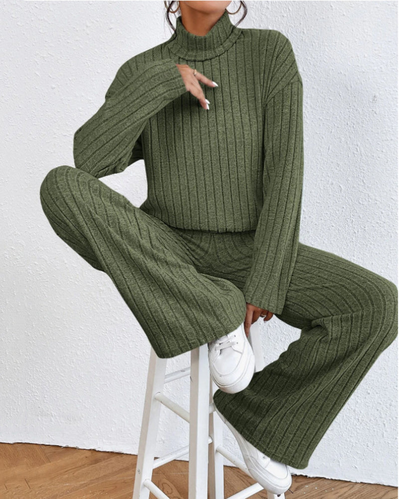 Women's Two Pieces Sets Ribbed Knit Turtleneck Long-Sleeve Top & Pants Set