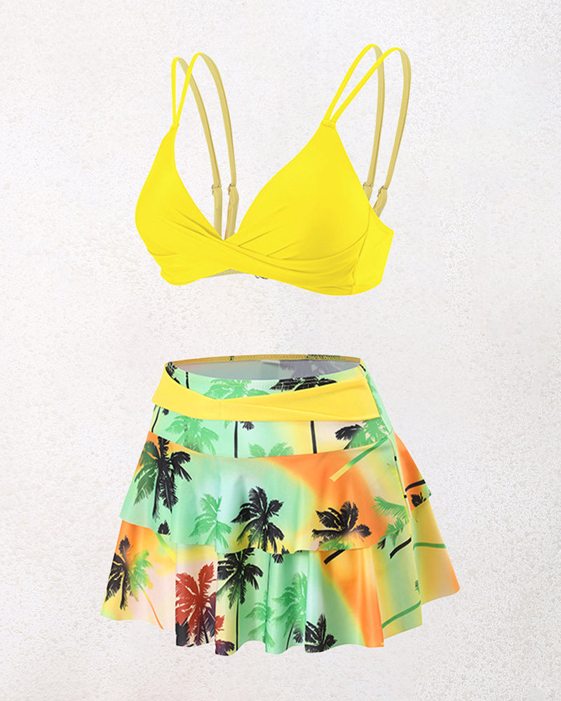 Split High-waisted Lotus Leaf Edge Printing Bikini Swimsuit