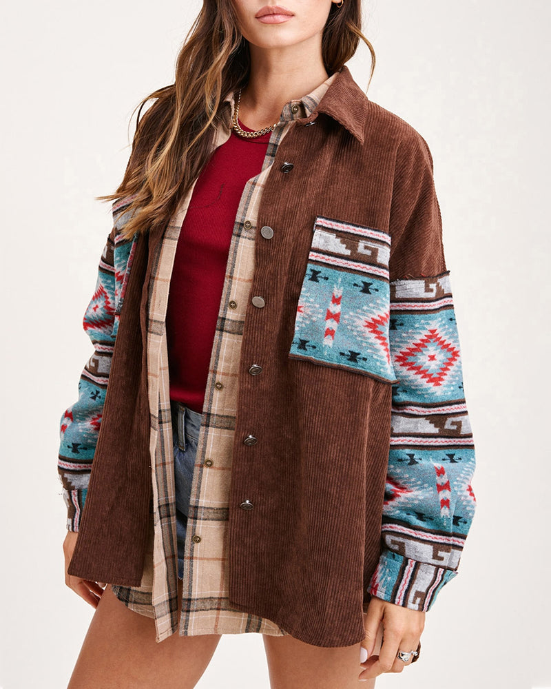 Corduroy Patch Print Pocket Coat Long Sleeve Jacket Top