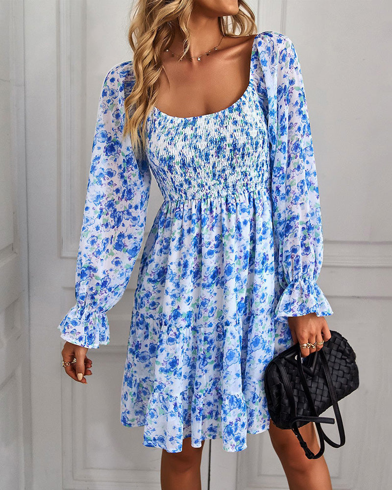 Ribbed Long Sleeve Chiffon Dress Crewneck Elegant Batwing Bohemian Floral Printed Dress