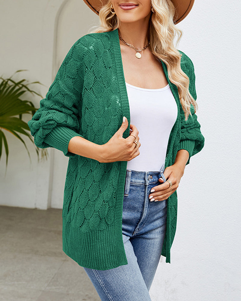 Solid Color Hollowed Out Knitted Cardigan Loose V-Neck Long Sleeved Cardigan Top