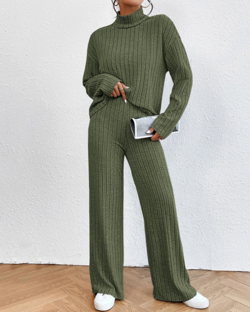 Women's Two Pieces Sets Ribbed Knit V-Neck Long-Sleeve Top & Pants Set