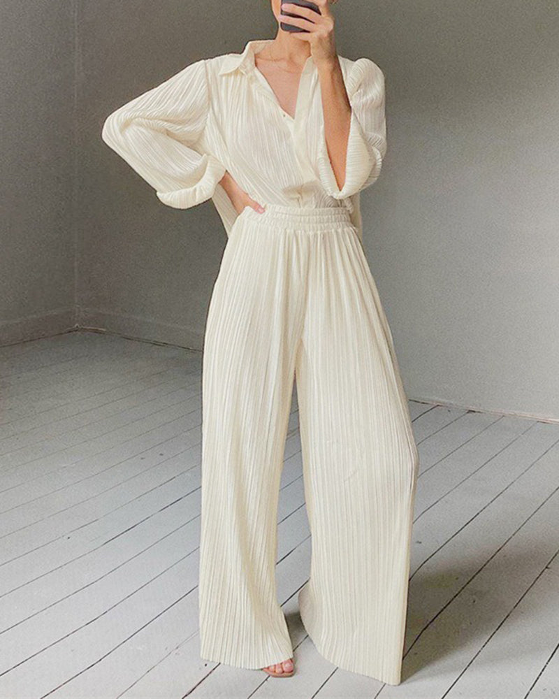 Pleated Two-Piece Set Long Sleeve Loose Fit Button Down Shirts Blouses Tops Wide Leg Pants Sets