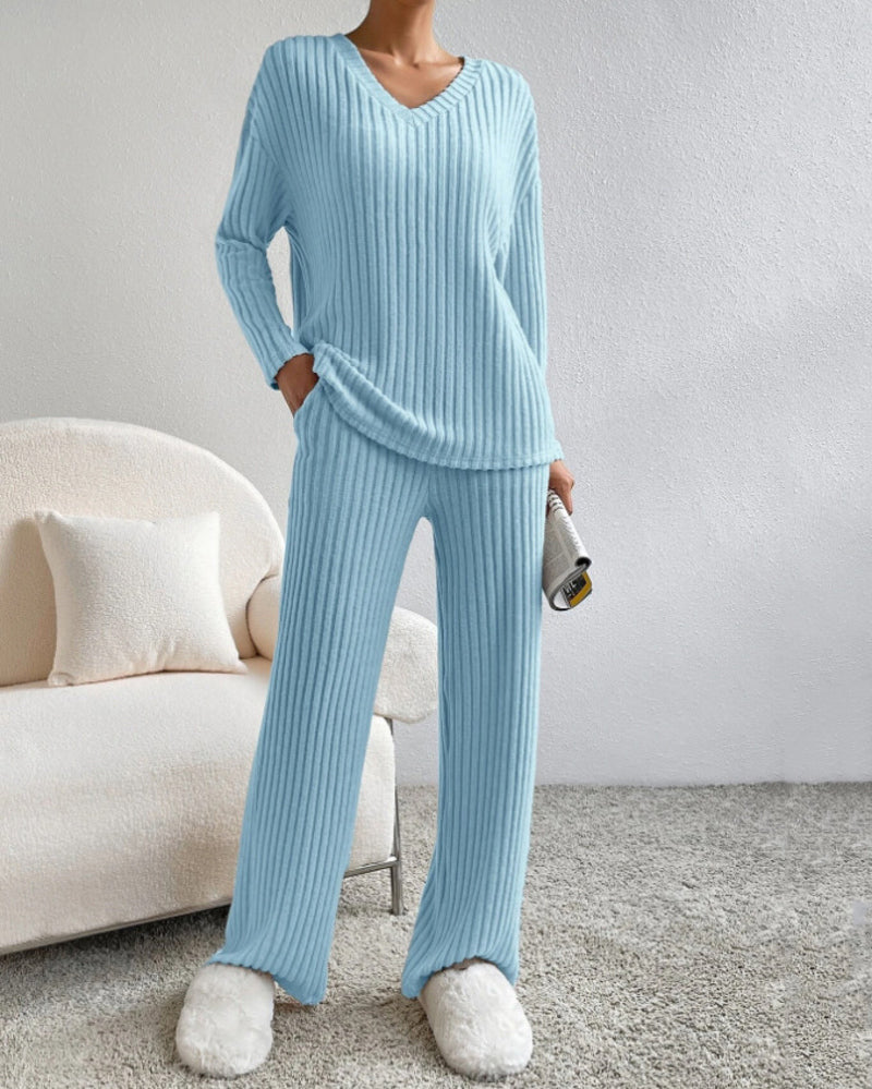 Women's Two Pieces Sets Ribbed Knit V-Neck Long-Sleeve Top & Pants Set