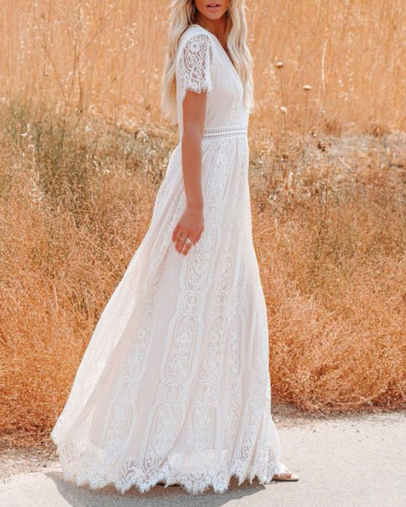 V-Neck Half Sleeves Lace Bohemian Floor Length Dress